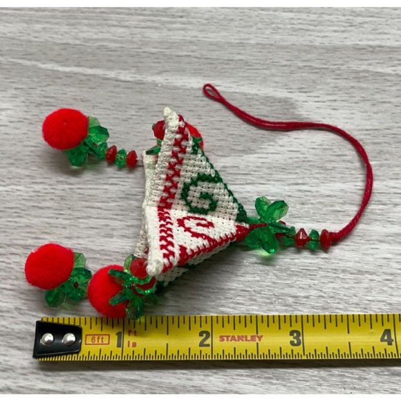 Vintage Christmas Tree Ornament Cross Stitch Triangular Pyramid Handmade 3 Inch - Picture 4 of 5